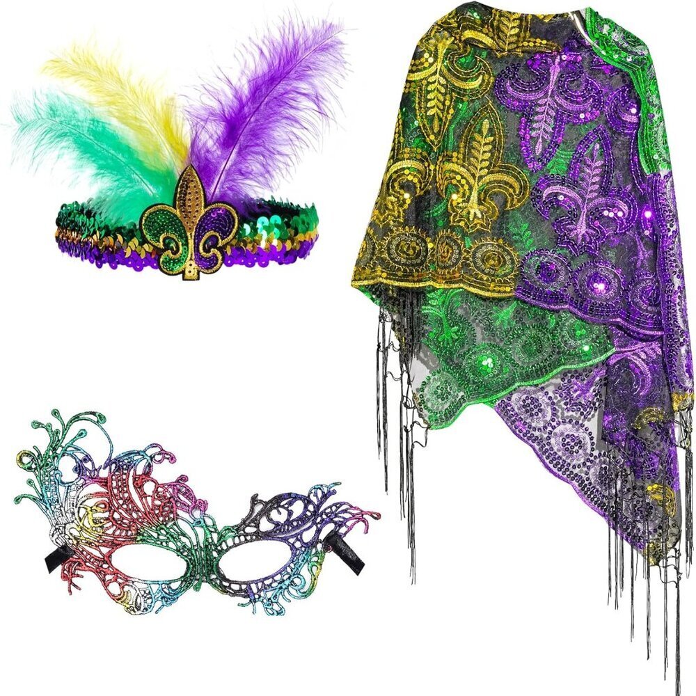 Mardi Gras Costume Set Scarf Headband Mask Carnival Party Accessories